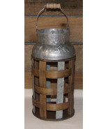Galvanized Metal &amp; Wood Pail FARMHOUSE RUSTIC INDUSTRIAL Metal Bamboo Pa... - £22.42 GBP