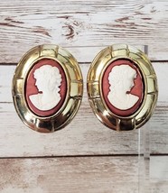 Vintage Clip On Earrings - Extra Large Cameo Style Gold Tone with Red &amp; Cream - £13.62 GBP