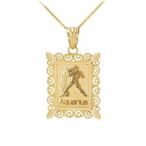 10k Solid Gold Aquarius Zodiac Sign Filigree Rectangular Pendant Necklace - £136.65 GBP+