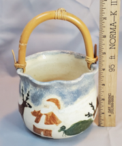 Studio Pottery Basket Christmas Santa Reindeer Artist Signed Cabincore Bamboo - $19.75