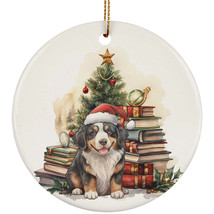 Funny Bernese Mountain Puppy Dog And Book Pine Tree Christmas Ornament Ceramic - £11.41 GBP