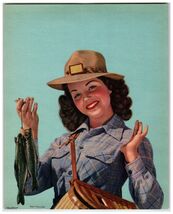 C. Moss 1946 Lithograph Art Print Woman Fishing 10x8 Ready to Hang Mid C... - $16.19