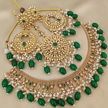 Indian Gold Plated CZ Bollywood Style Kundan Green Necklace Pearl Jewelry Set - $85.49