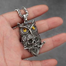 Mens Gothic Skull Owl Pendant Necklace Punk Biker Jewelry Stainless Steel 24" - £8.69 GBP