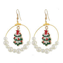 Pearl &amp; Enamel 18K Gold-Plated Green Christmas Tree Circle Drop Earrings - £10.21 GBP