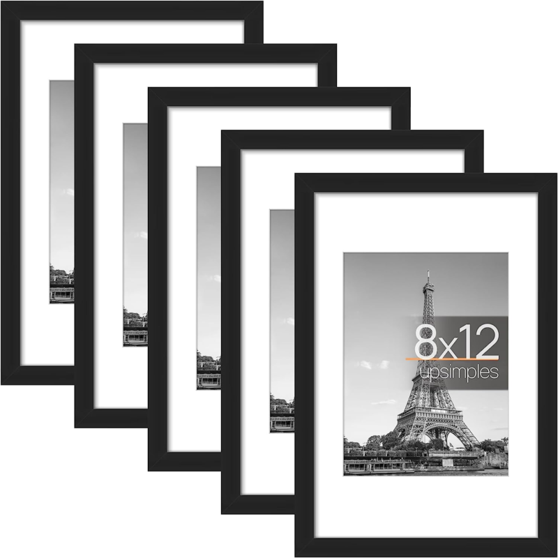 Upsimples 8X12 Picture Frame Set of 5, Display Pictures 6X8 with Mat or 8X12 wit - $32.87