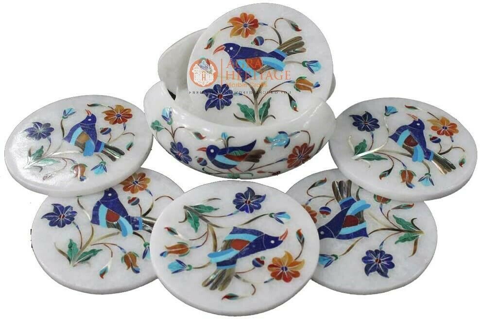 Handicraft Inlay Design Round Marble Coasters Multi Floral Halloween GIf... - $285.87
