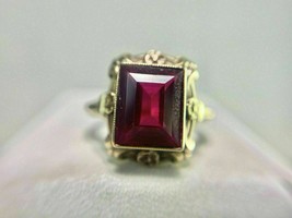 2Ct Emerald Cut CZ Pink Ruby Vintage Engagement Ring 14K Yellow Gold Finish - £132.74 GBP