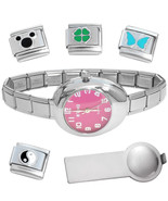 Pink Oval Italian Charm Watch Bracelet Plus Charm Tool &amp; Enamel Charms - €16,00 EUR