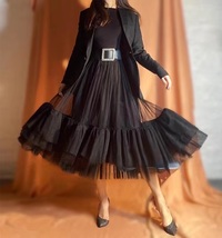 BLACK Tiered Tulle Skirt Outfit Adult Black Layered Tulle Midi Skirts Plus Size 