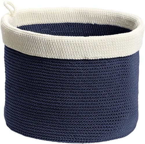 New INTERDESIGN ELLIS Hand Knit STORAGE BIN Round Linen Organizer Navy & Ivory - $33.65