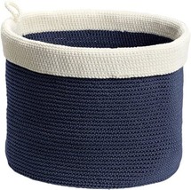 New Interdesign Ellis Hand Knit Storage Bin Round Linen Organizer Navy &amp; Ivory - £26.89 GBP