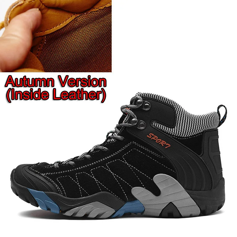 Outdoor Blue Leather Hiking Shoes Men Trekking Boots For Male Non Slip Mountain  - $69.66