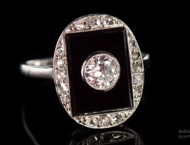 Art Deco Black Onyx And Diamond Ring, OEC CZ Diamond Vintage Ring Cockta... - £79.79 GBP