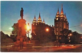 Salt Lake City Utah Postcard Night View Pioneer Monument Mormon Temple Square - £2.32 GBP