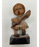 Antique Wood Carving Guitarist Folk Art 2.5&quot; Signed Girl  - £35.35 GBP