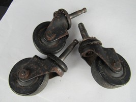 3 Antique Vintage STEEL &amp; RUBBER Casters Wheels Furniture Rollers INDUST... - £18.35 GBP