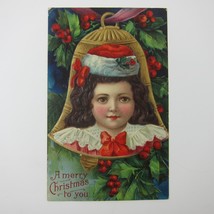 Christmas Postcard Girl Child Santa Hat Holly Berries Bell Gold Embossed Antique - £11.74 GBP