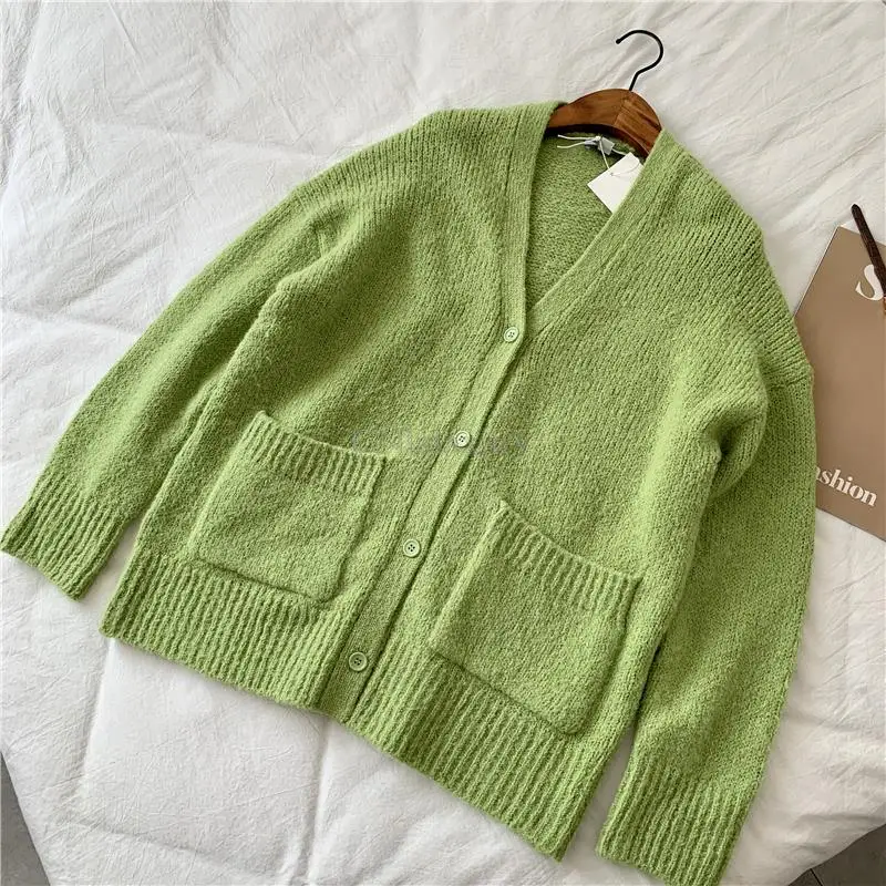 CNlalaxury Autumn Winter Woman Green Casual  Long Sleeve Loose  Cardigan Solid C - £165.82 GBP
