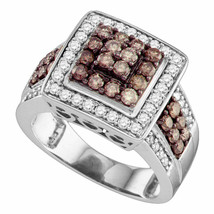 10kt White Gold Womens Round Brown Diamond Square Cluster Ring 1-1/2 Cttw - £962.06 GBP