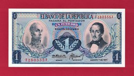 Colombia 1 Peso Oro 1971 Unc Note w/o Security Thread Depicting Simon Bolivar - £6.31 GBP