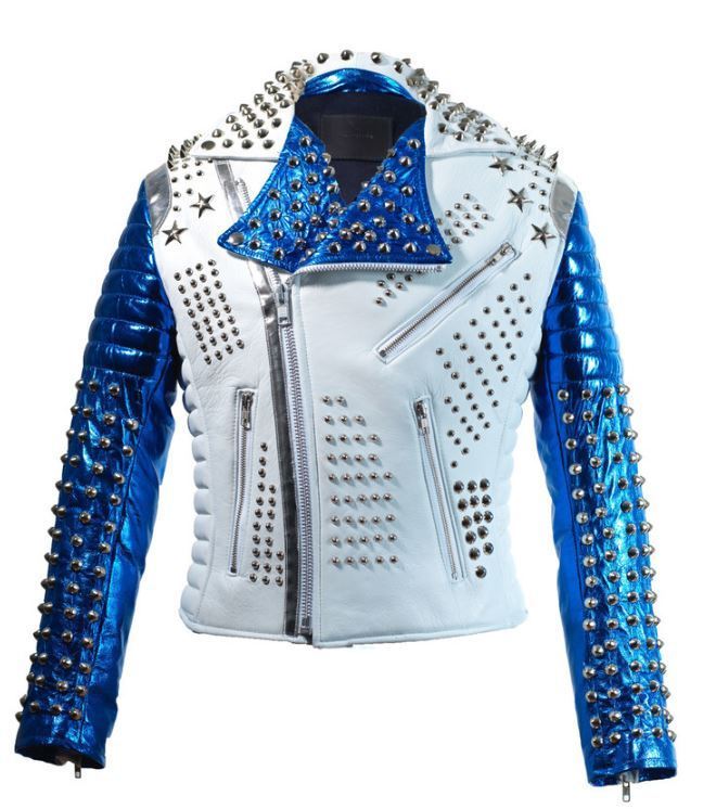 Victor Luna Dead Star Tech White Blue Studded Leather Jacket 2019