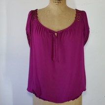 Dressbarn Size L Blouse Violet Purple Elastic Sleeve Hem Lace Rayon Scoo... - £13.77 GBP