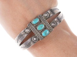 c1930&#39;s Vintage Native American Heavy Stamped silver/turquoise cuff bracelet - £629.23 GBP
