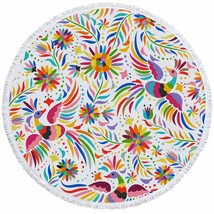 Colorful Birds and Flower Drawing Round Beach Towel - $14.90+