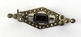 Sterling Silver Black Onyx Marcasite Pin Brooch Art Deco - £34.64 GBP