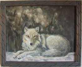 L Cahill Arctic Gray Wolf Dark Forest Wildlife White Snow Winter Rustic Frame - £979.62 GBP