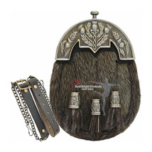 Scottish Kilt Grey Full Dress Sporran Antique Enamel Thistle Cantel - $2,079.00 MXN