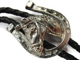 Horseshoe Horsehead Corded Bolo Neck Tie Buckle Silver Tone - £23.73 GBP