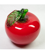 Hand Blown Red Art Glass Apple Fruit w Green Leaf Fruit Paperweight Life... - $10.00