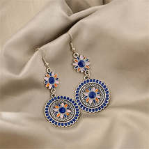 Blue Enamel &amp; Silver-Plated Sunflower Tiered Drop Earrings - £10.44 GBP