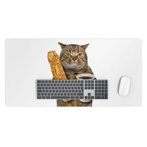 Cat is Holding a Cup of Black Coffee and a Baguette Desk Mat - Funny Cat... - $24.49