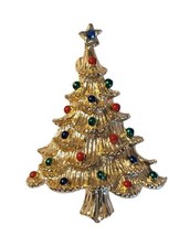 Vintage Christmas Tree Pin Brooch Gold Tone Enamel Rhinestone Star Gerry&#39;s MINT! - £11.76 GBP