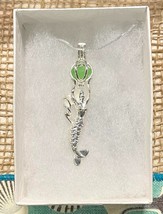 Silver Mermaid Holding Green Sea Glass Cage Locket Necklace 18&quot;, Jewelry Gift - £13.42 GBP