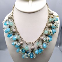 Vintage Mermaid Blue Bib Necklace, Silver Tone Chain with Faceted Crystal Cluste - £25.53 GBP