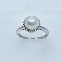 Women&#39;s Ring Solid 14k White Gold Real Round Real Pearl 8 mm Zirconia Brilliant - £257.35 GBP