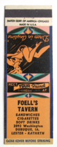 Foell&#39;s Tavern - Dubuque, Iowa Restaurant 20 Strike Matchbook Cover Matchcover - £1.54 GBP