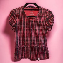 Jaanuu Womens XS Black &amp; Red Stripe Scrub Top Side Zipper Cotton Spandex - £15.86 GBP
