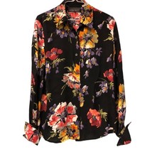 Vintage Linda Allard Ellen Tracy 100% Silk Blouse Black Bright Floral Size 8 - £37.94 GBP