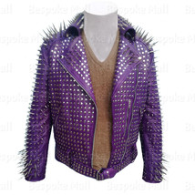 New Men&#39;s Punk Purple Silver Long Spiked Studded Brando Biker Leather Jacket-287 - £280.56 GBP+