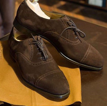 Handmade Men Dark Brown Suede Leather Cap Toe Lace Up Formal Shoes For M... - £127.09 GBP