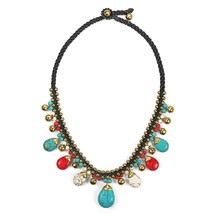 Earthy Multicolor Stone Brass Boho Chic Jingle Bell Necklace - £21.20 GBP