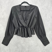 Shein Black Cropped Peplum Plunge Wrap Long Sleeve Balloon Sleeve Small Top - £27.05 GBP