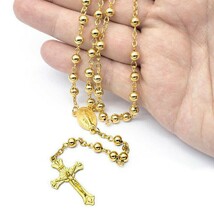 METAL ROSARY 26&quot; Necklace 6&quot; Drop 6mm Gold Tone Prayer Beads Catholic Cr... - $73.48 MXN