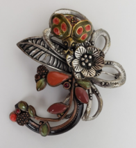 Chico's Ladybug Brooch Pin Enamel Flower Bronze Silver Tone Multi-Color 2 3/4" - $34.60