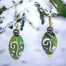 Vintage Artisan Hand Painted Earrings Green - Olive Glass W/ White Paint Designs - £6.99 GBP